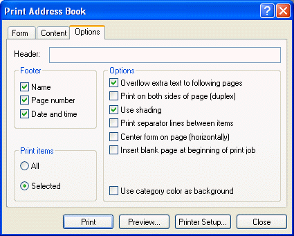 Print Address Book dialog box with the Options tab open