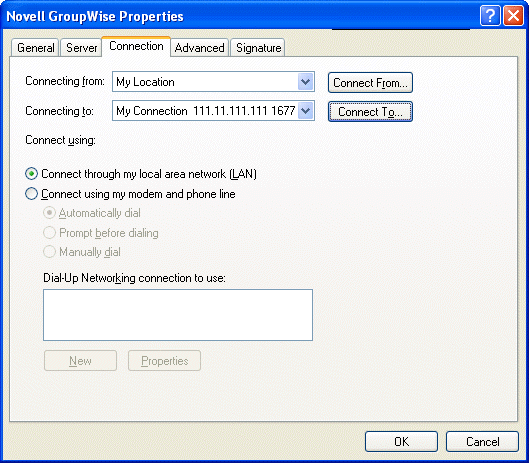 GroupWise Properties dialog box with the Connection tab open