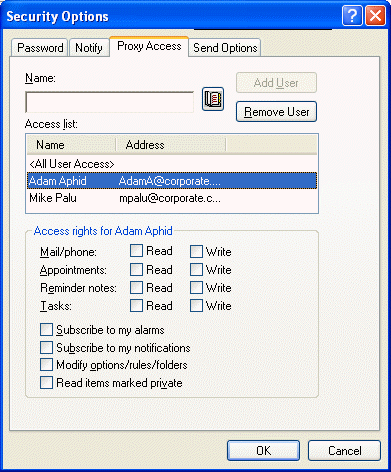 Security Options dialog box with the Proxy Access tab open