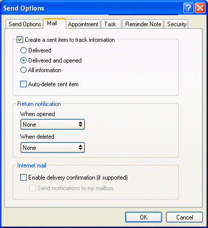 Send Options dialog box with the Mail tab open
