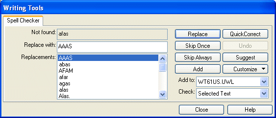 Writing Tools dialog box