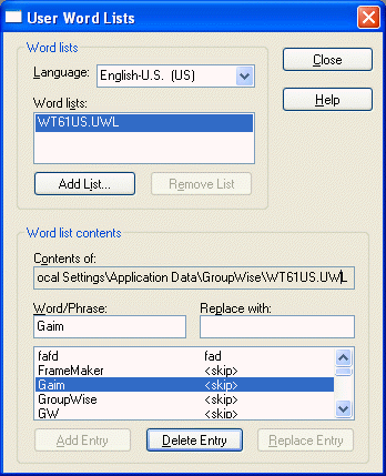 User Word Lists dialog box