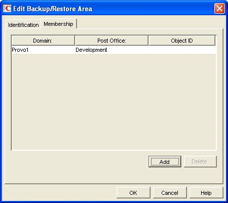 Edit Backup/Restore Area dialog box with the Membership tab displayed