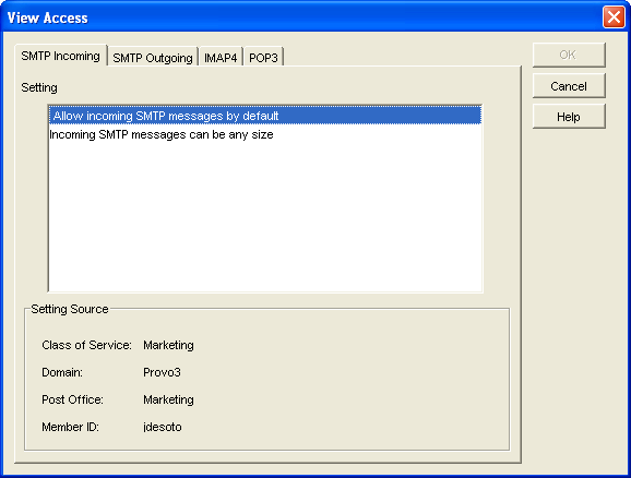 View Access dialog box with the Setting tab open