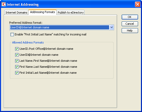 Address Formats tab in the Internet Addressing dialog box