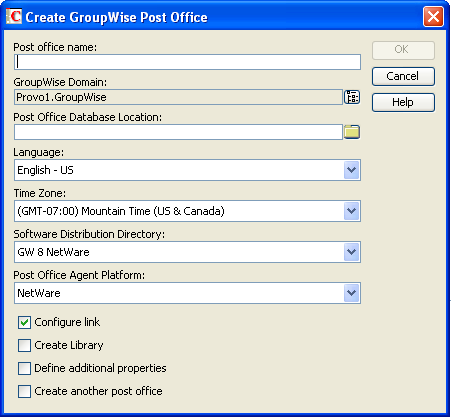 Create GroupWise Post Office dialog box