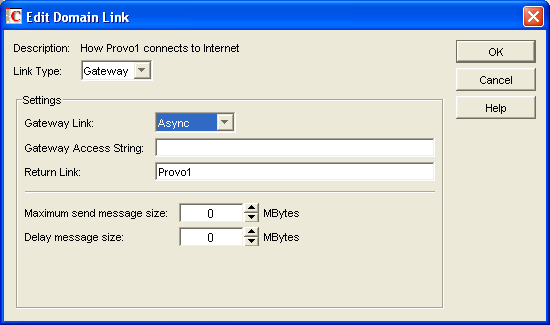 Edit Domain Link dialog box with the gateway settings displayed