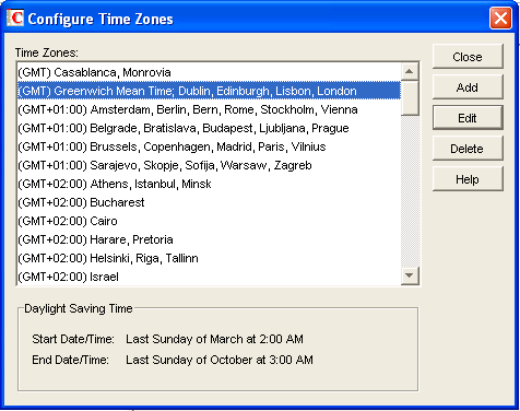 Configure Time Zones dialog box