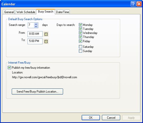 Calendar Properties dialog box
