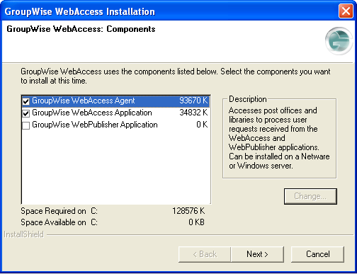 GroupWise WebAccess: Components dialog box