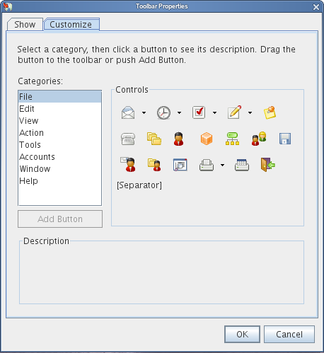 Customize Toolbar Properties dialog box