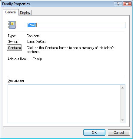 Properties dialog box for an address book, General tab open