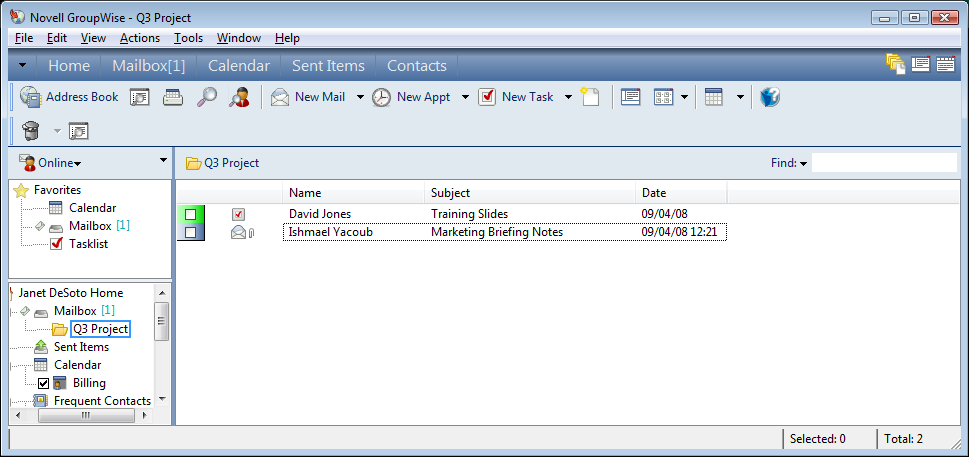 Mailbox folder showing Tasklist items