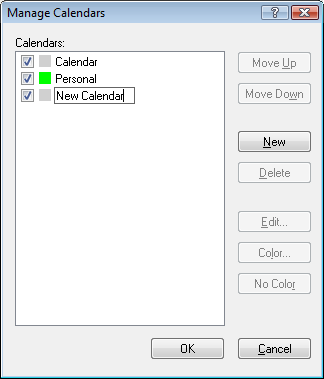 The Manage Calendars dialog box