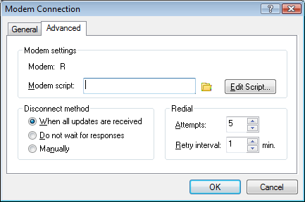 Modem Connection dialog box with the Advanced tab open
