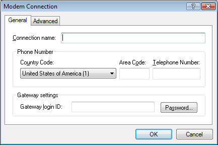 Modem Connection dialog box with the General tab open