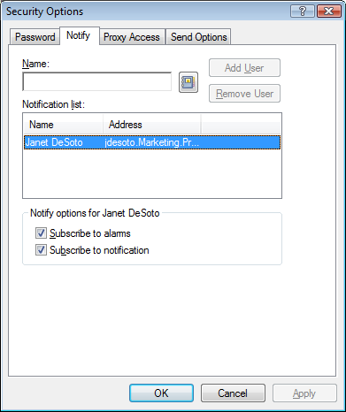 Security Options dialog box with the Notify tab open
