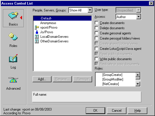 Access Control List dialog box