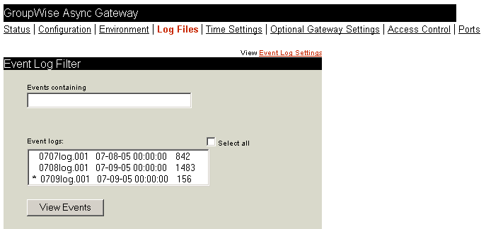 Web console Log Files page