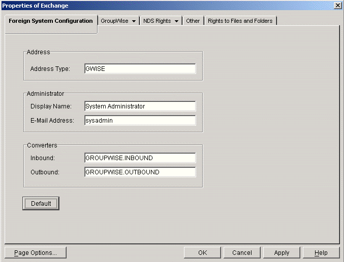 Foreign System Configuration page with defaults