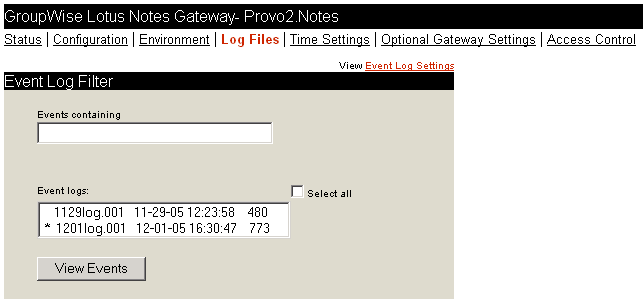 Web console Log Files page