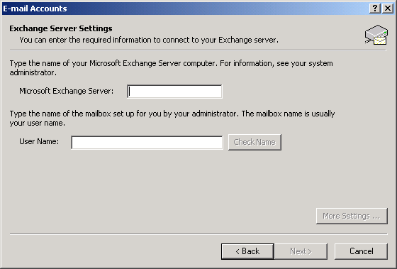 Exchange Server Settings dialog box in Exchange account setup