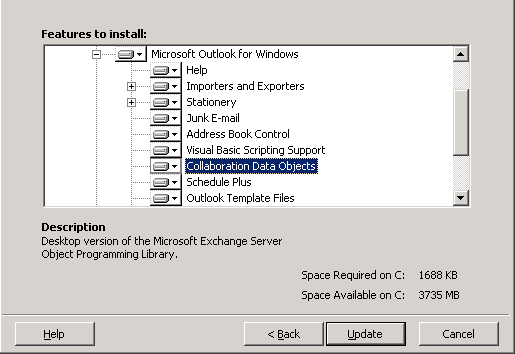 Microsoft Outlook Features to Install dialog box