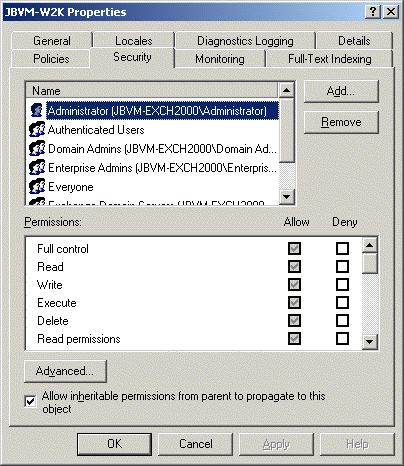 Server Properties dialog box in Exchange Server Manager