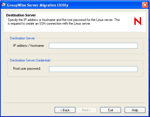 Destination Server page