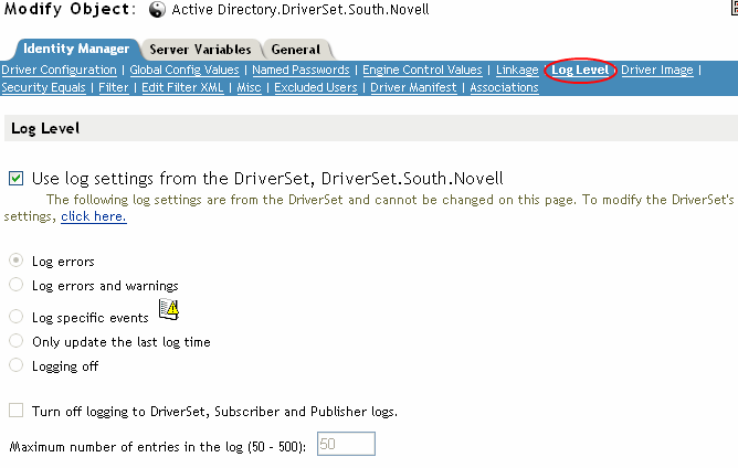 Log Level on the Driver Object