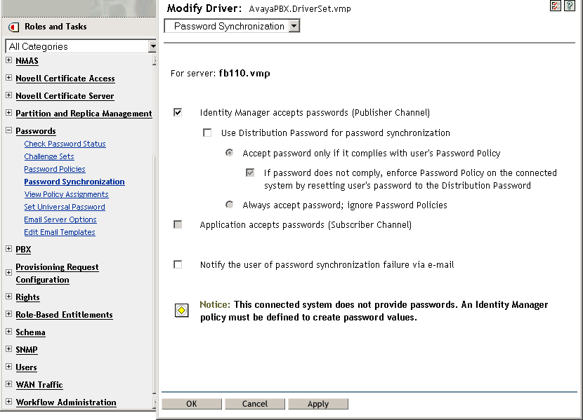 List of global configuration values for password sync