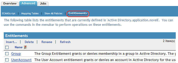 Selecting the Entitlements tab