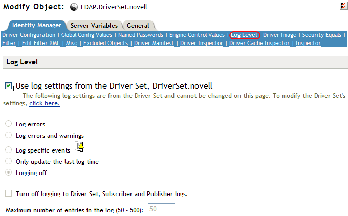 Log Level on the Driver Object