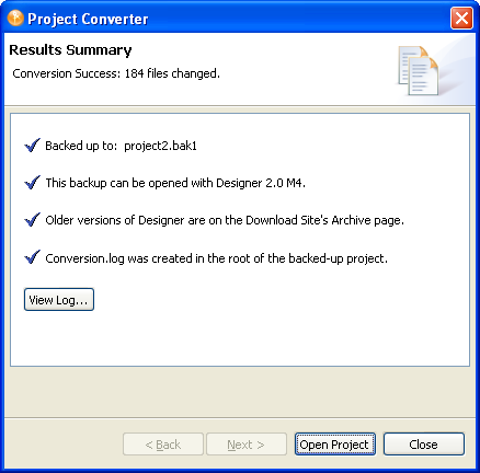 Project conversion result summary