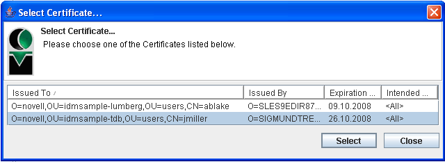 Select Certificate screen 
