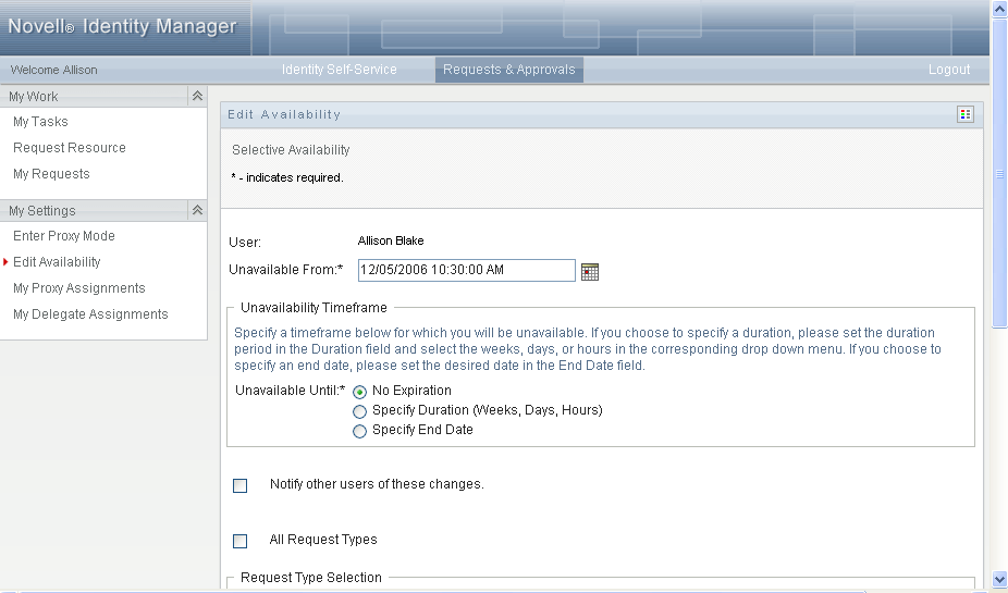 Edit Availability page 