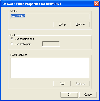 Dialog box showing whether the password filter is set up, the kind of port, and which machine runs the driver