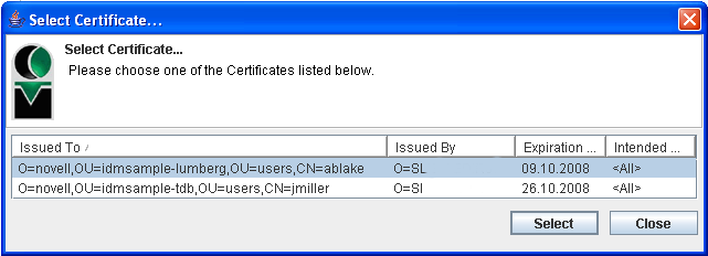 Select Certificate screen 