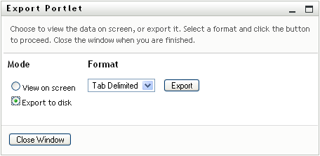 The Export portlet prompts for an export format