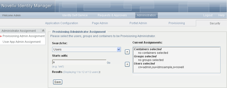 The Security page, with Provisioning Admin Assignment selected