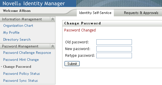 Status of Password Change on Password Change page