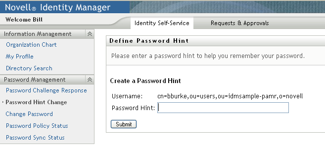 Define Password Hint page
