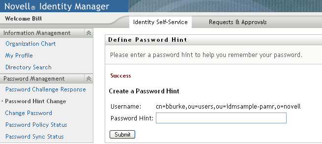 Success status on Define password hint page