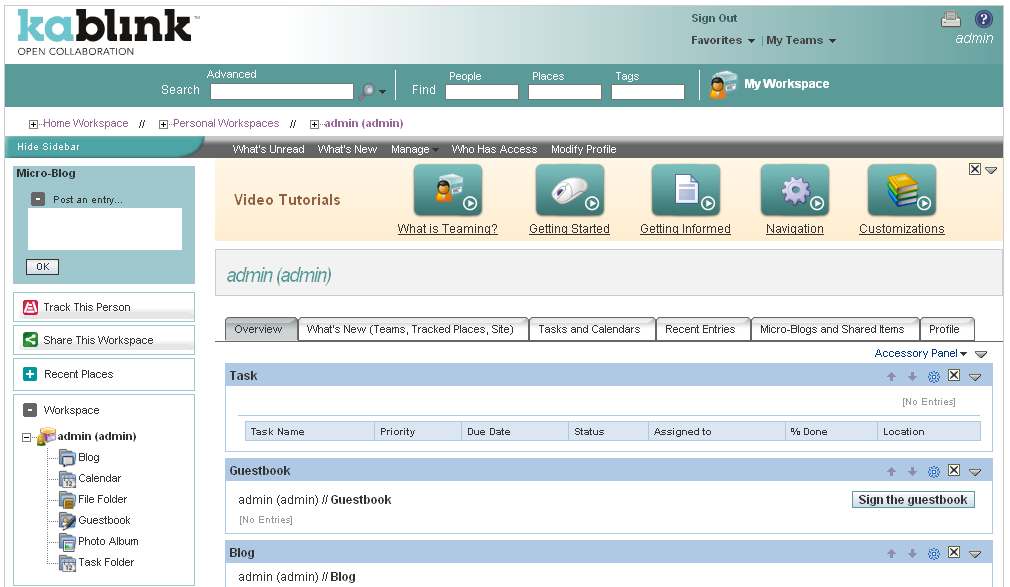 Kablink Teaming administrator’s personal workspace