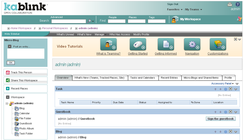 Kablink Teaming administrator’s personal workspace