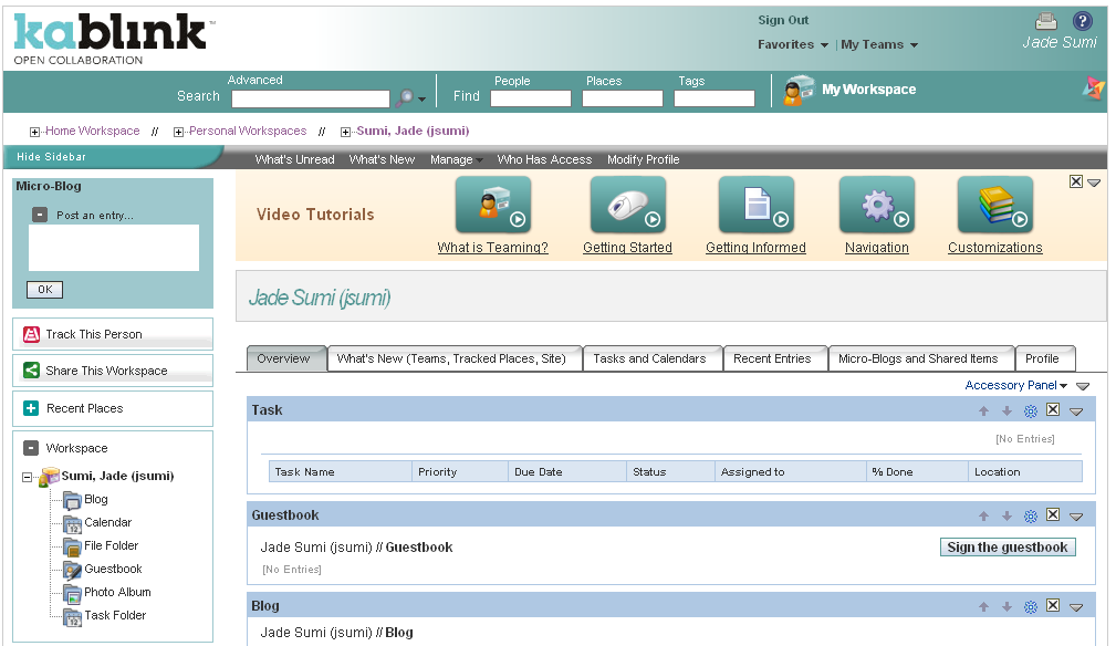 New Kablink Teaming user’s personal workspace