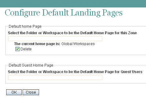 Default Landing Page page with current landing page selected for deletion
