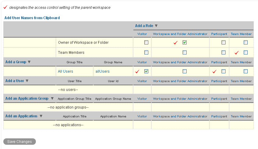 Configure Access Control page, Access Control table