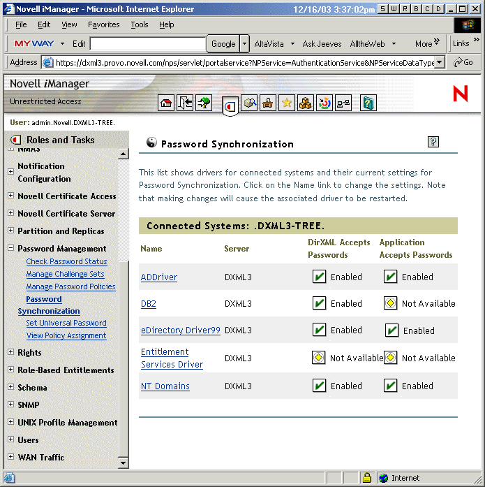 List of connected systems showing whether password flow is enabled to DirXML and to the connected systems