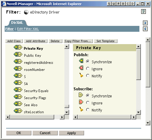 Private Key and Public Key set to Synchronize in the filter